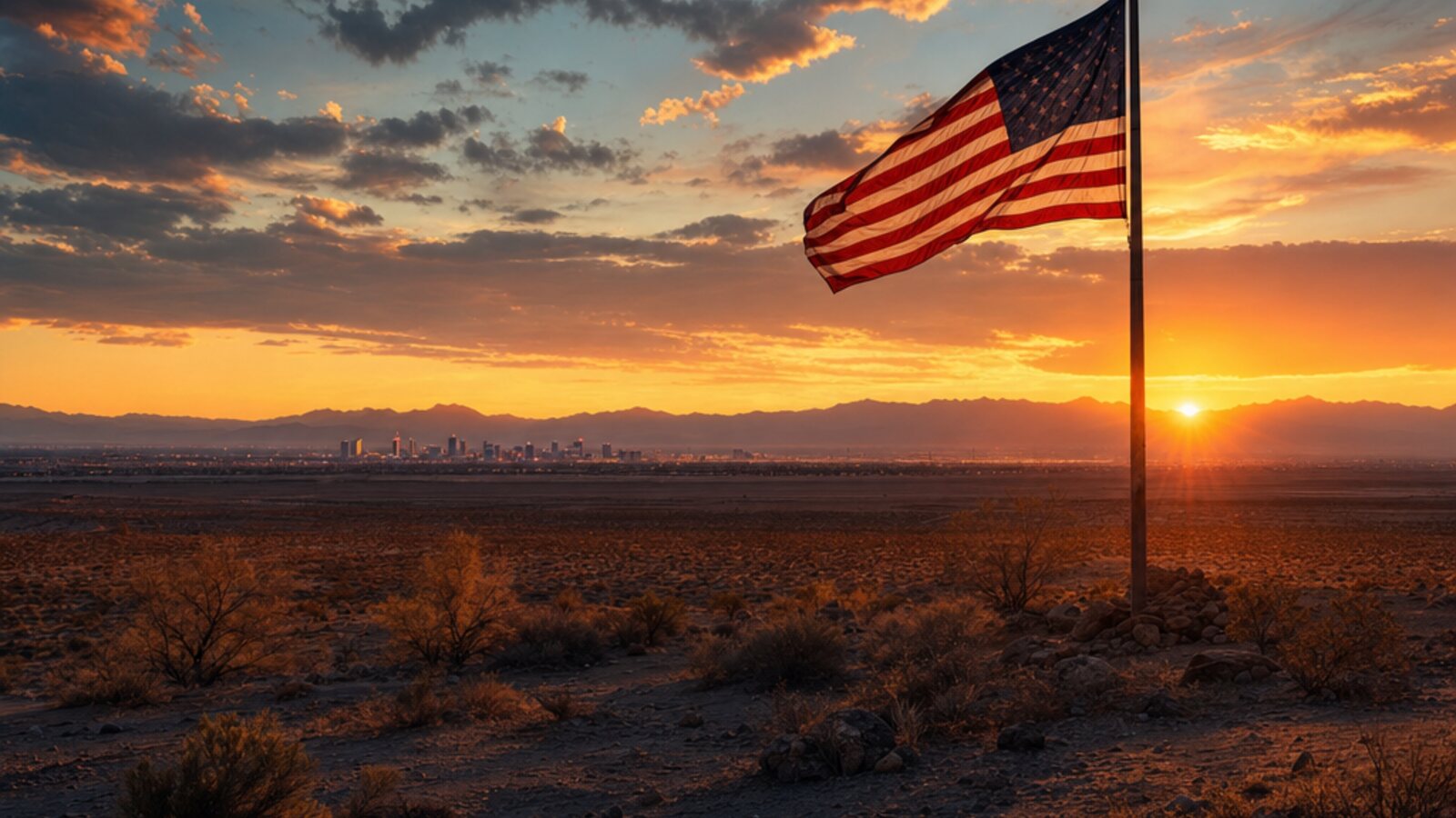 Las Vegas desert at dusk with an American flag
